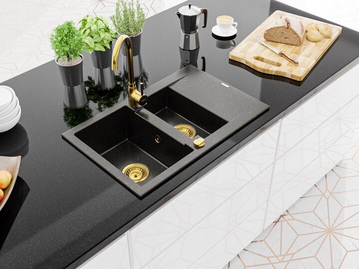 Granitinė virtuvinė plautuvė Mexen Gaspar su maišytuvu ir sifonu, Metallic black/gold+Gold kaina ir informacija | Virtuvinės plautuvės | pigu.lt