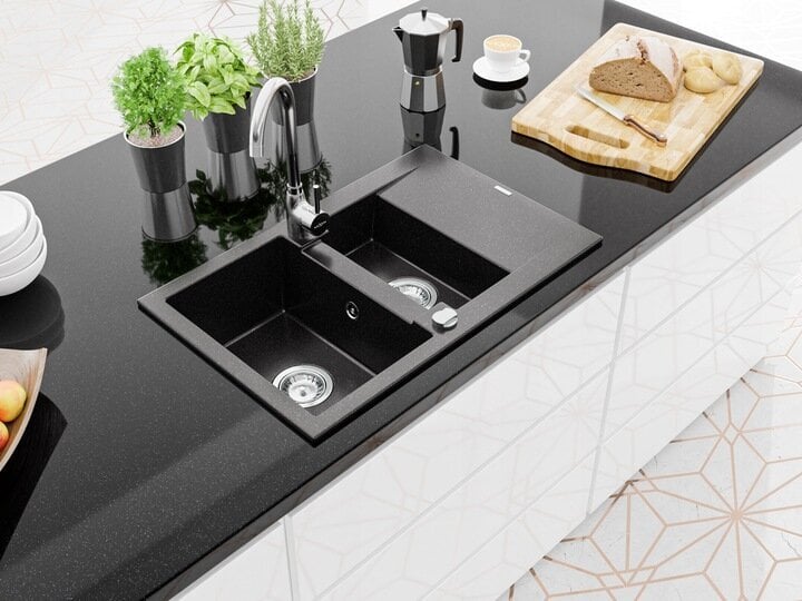 Granitinė virtuvinė plautuvė Mexen Gaspar su maišytuvu ir sifonu, Metallic black/silver+Chrome kaina ir informacija | Virtuvinės plautuvės | pigu.lt