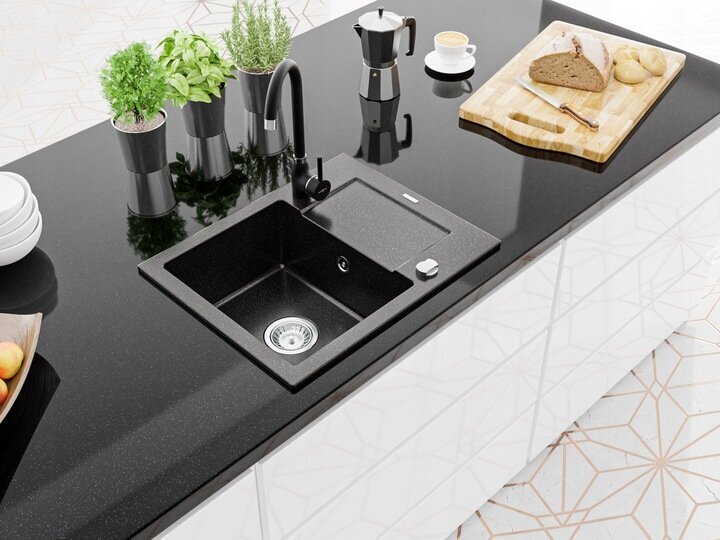 Granitinė virtuvinė plautuvė Mexen Enzo su maišytuvu ir sifonu, Metallic black/silver+Black kaina ir informacija | Virtuvinės plautuvės | pigu.lt