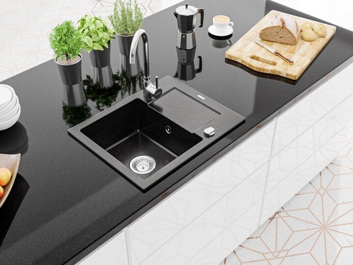 Granitinė virtuvinė plautuvė Mexen Enzo su maišytuvu ir sifonu, Metallic black/silver+Chrome цена и информация | Virtuvinės plautuvės | pigu.lt