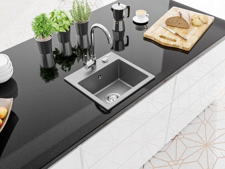 Granitinė virtuvinė plautuvė Mexen Milo su maišytuvu ir sifonu, Grey+Chrome kaina ir informacija | Virtuvinės plautuvės | pigu.lt