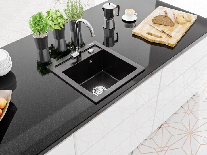 Granitinė virtuvinė plautuvė Mexen Vito su maišytuvu ir sifonu, Metallic black/silver+Chrome kaina ir informacija | Virtuvinės plautuvės | pigu.lt