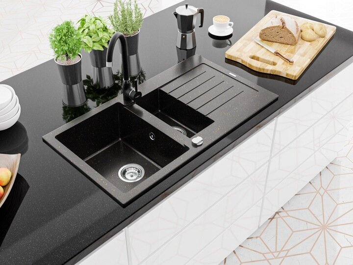 Granitinė virtuvinė plautuvė Mexen Matias su maišytuvu ir sifonu, Metallic black/gold+Black kaina ir informacija | Virtuvinės plautuvės | pigu.lt