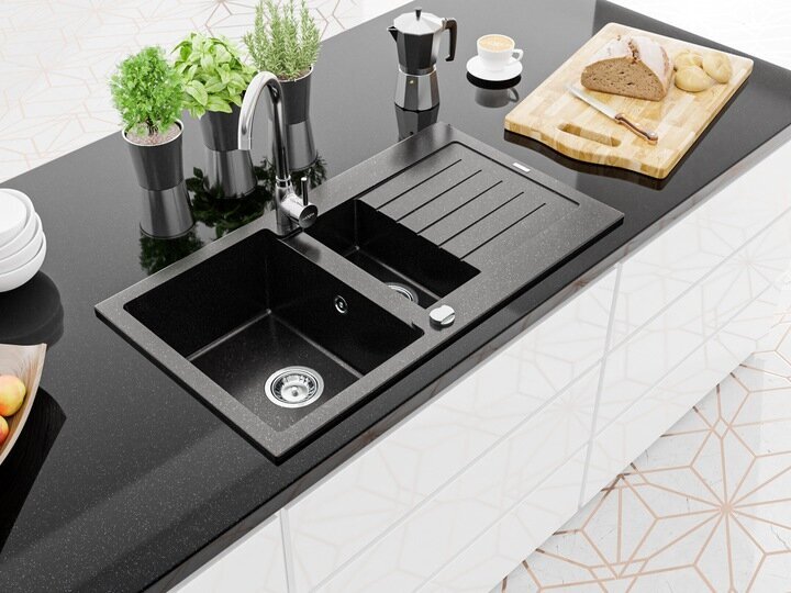 Granitinė virtuvinė plautuvė Mexen Matias su maišytuvu ir sifonu, Metallic black/silver+Chrome kaina ir informacija | Virtuvinės plautuvės | pigu.lt