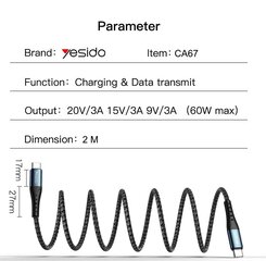 Высококачественный и прочный кабель Yesido Fast charge USB C (Type c to Type C) 60 Вт, 2 м, mod. CA67 цена и информация | Кабели для телефонов | pigu.lt