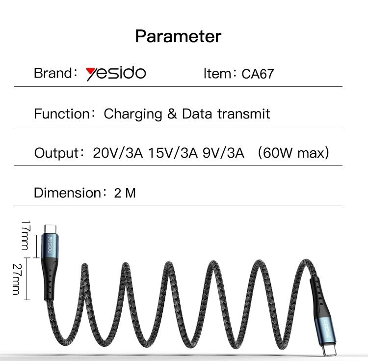 Yesido Fast charge USB C (Type C to Type C) 60 W max, 2 m, mod. CA67 цена и информация | Laidai telefonams | pigu.lt