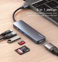 Высококачественный и прочный кабель Yesido HB11 6-in-1 Aluminium Alloy USB-C Multiport Hub Adapter with 4K HDMI & Card Reader, Grey цена и информация | Кабели для телефонов | pigu.lt