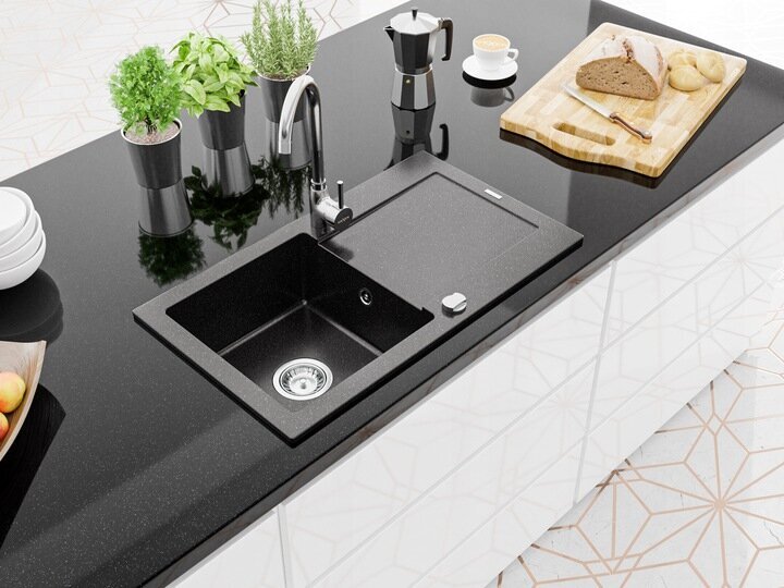 Granitinė virtuvinė plautuvė Mexen Leo su maišytuvu ir sifonu, Metallic black/silver+Chrome цена и информация | Virtuvinės plautuvės | pigu.lt