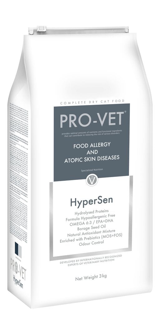 HyperSen 3kg- Pro Vet. Katėms. Veterinarinis maistas yra specialios paskirties maistas, naudojamas padidėjus jautrumui maistui ir prie atopijos. kaina ir informacija | Sausas maistas katėms | pigu.lt