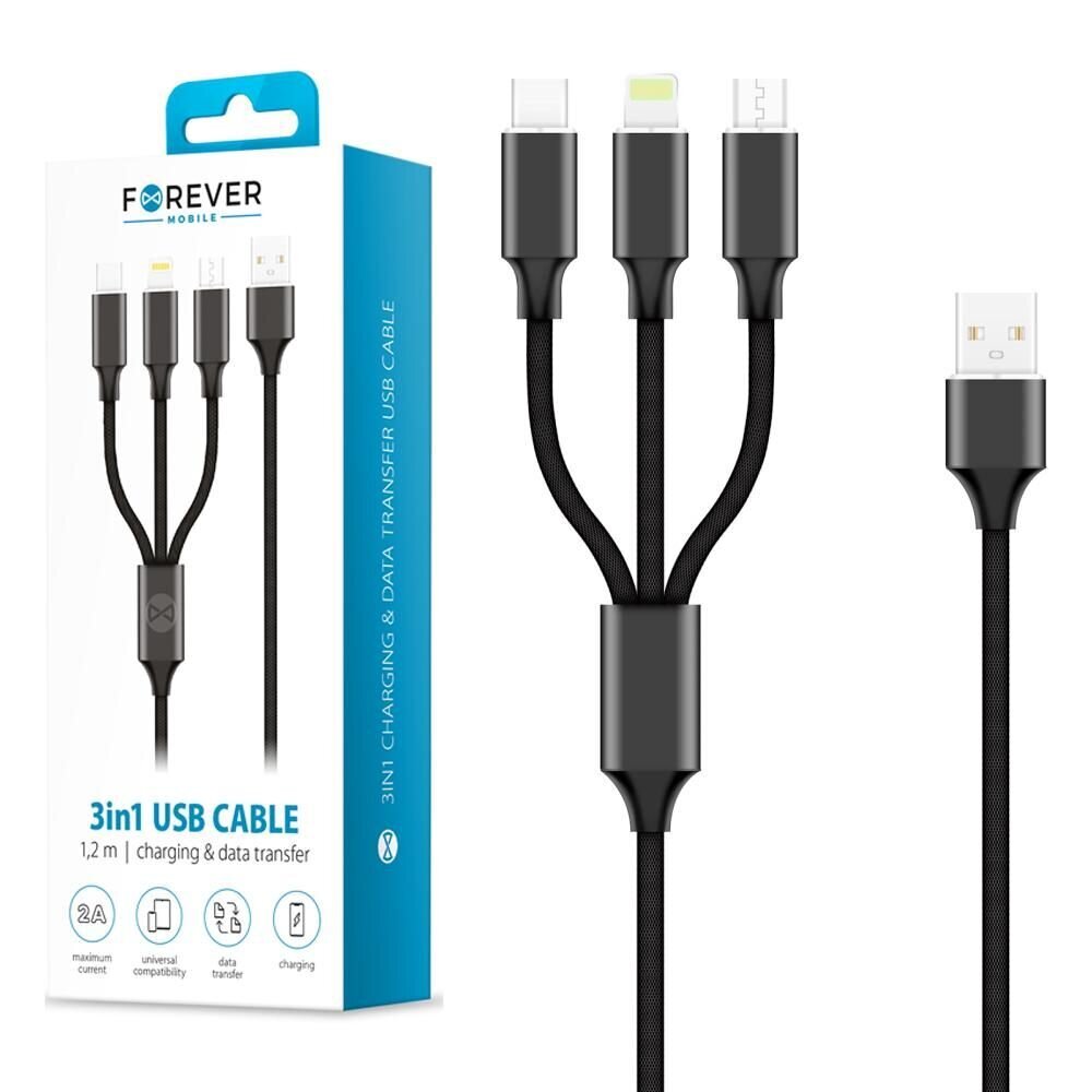 Forever 3in1 Lightning + USB-C + microUSB 1,2 m 2A kaina ir informacija | Laidai telefonams | pigu.lt