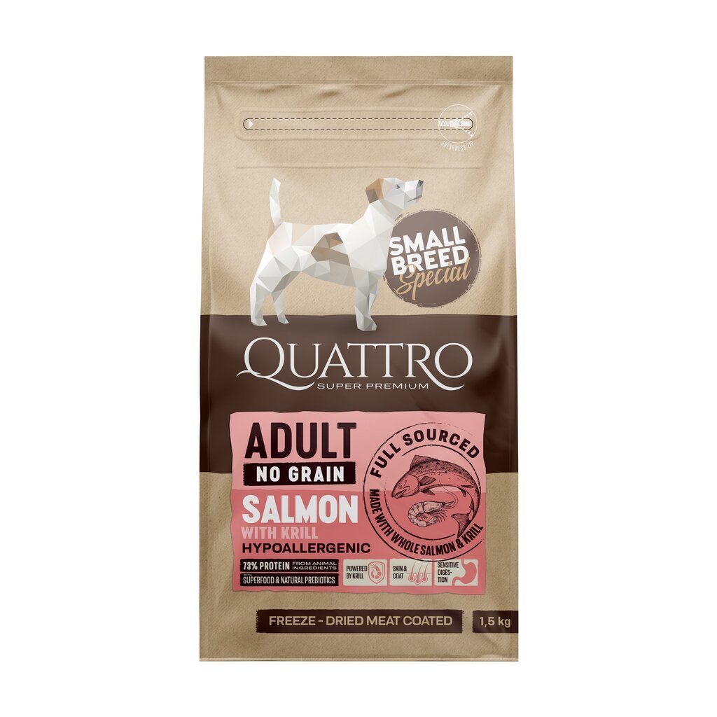 Quattro Small Breed sausas begrūdis hipoalerginis maistas suaugusiems mažų veislių šunims su lašiša ir kriliu, 1,5kg kaina ir informacija | Sausas maistas šunims | pigu.lt