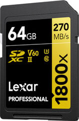 Lexar карта памяти SDXC 64GB Professional 1800x UHS-II U3 V60 цена и информация | Карты памяти для фотоаппаратов, камер | pigu.lt