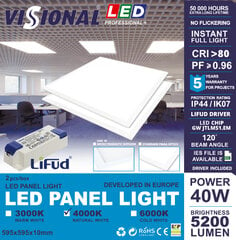 VISIONAL Professional+ LED plokštės (2 vnt. pakuotėje) 40W / 5200Lm / Komplekte LIFUD tvarkyklė / OSRAM LED lustai / NON-FLICKER / IP44 / IK07 / PF≥0.96 / CRI>80 / PMAA 3mm stiklas / 120° / IES Files / 595 x 595 mm / KAINA UŽ 1 VIENETĮ kaina ir informacija | Įmontuojami šviestuvai, LED panelės | pigu.lt