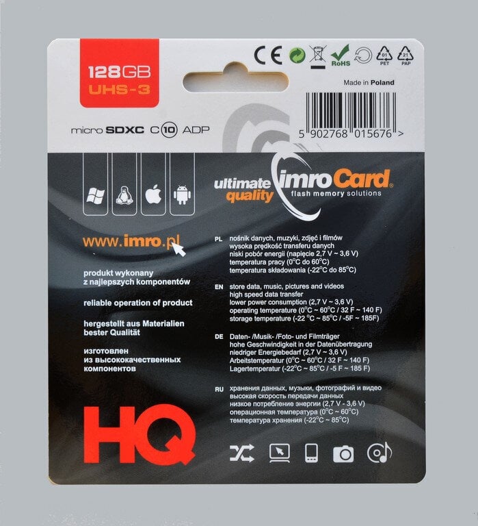 ImroCard kortelė, 128 GB + adapteris kaina ir informacija | Atminties kortelės telefonams | pigu.lt