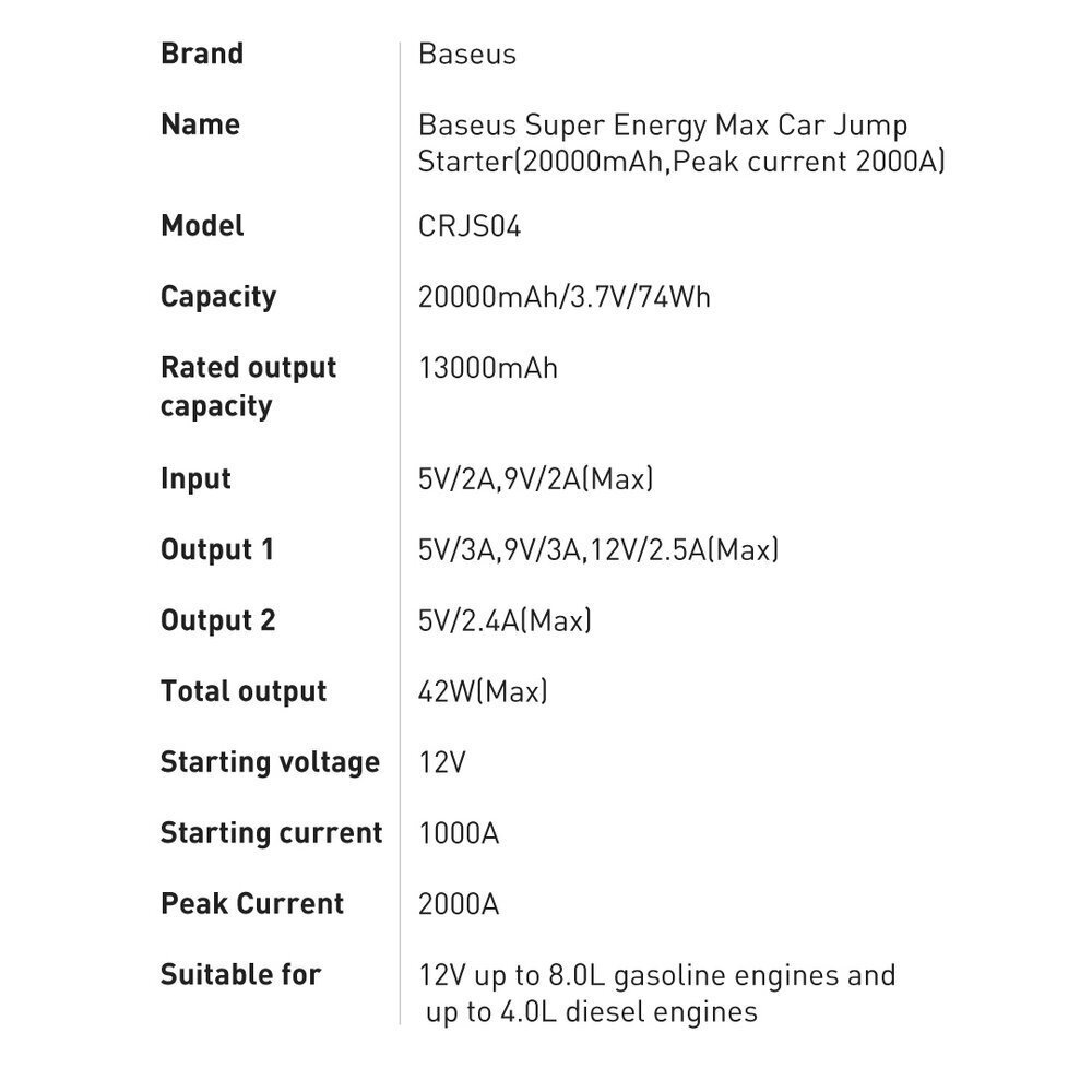 Avarinio automobilio paleidimo prietaisas Baseus Starter Jump kaina ir informacija | Auto reikmenys | pigu.lt