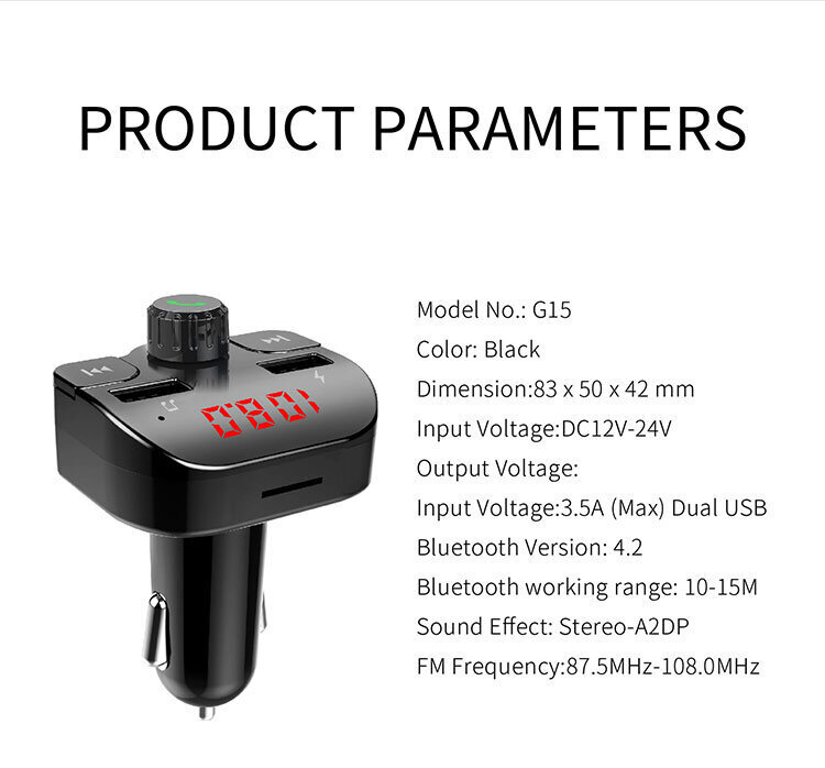 FM įkroviklis Bluetooth G15\USBx2\TF kortelės lizdas kaina ir informacija | FM moduliatoriai | pigu.lt