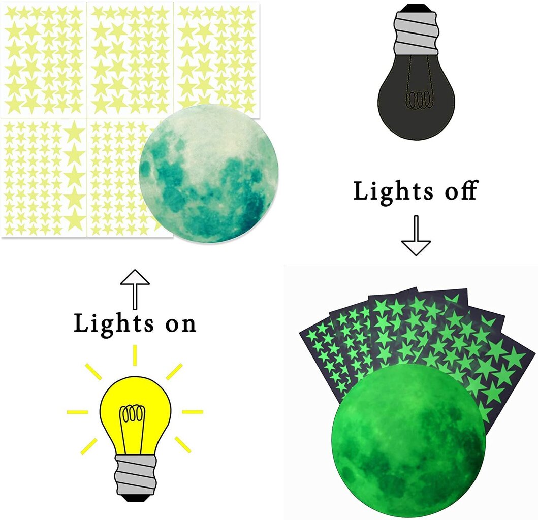 Tamsoje šviečiantys sienų lipdukai, 221 ryški žvaigždė ir pilnatis (1 komplektas). kaina ir informacija | Interjero lipdukai | pigu.lt