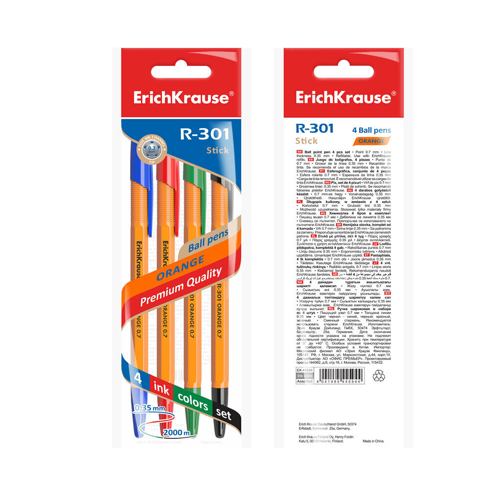 Tušinukas ErichKrause® R-301 Orange Stick 0.7, rašalo spalva - juoda, mėlyna, žalia, raudona (pakuotėje po 4 vnt.) kaina ir informacija | Rašymo priemonės | pigu.lt