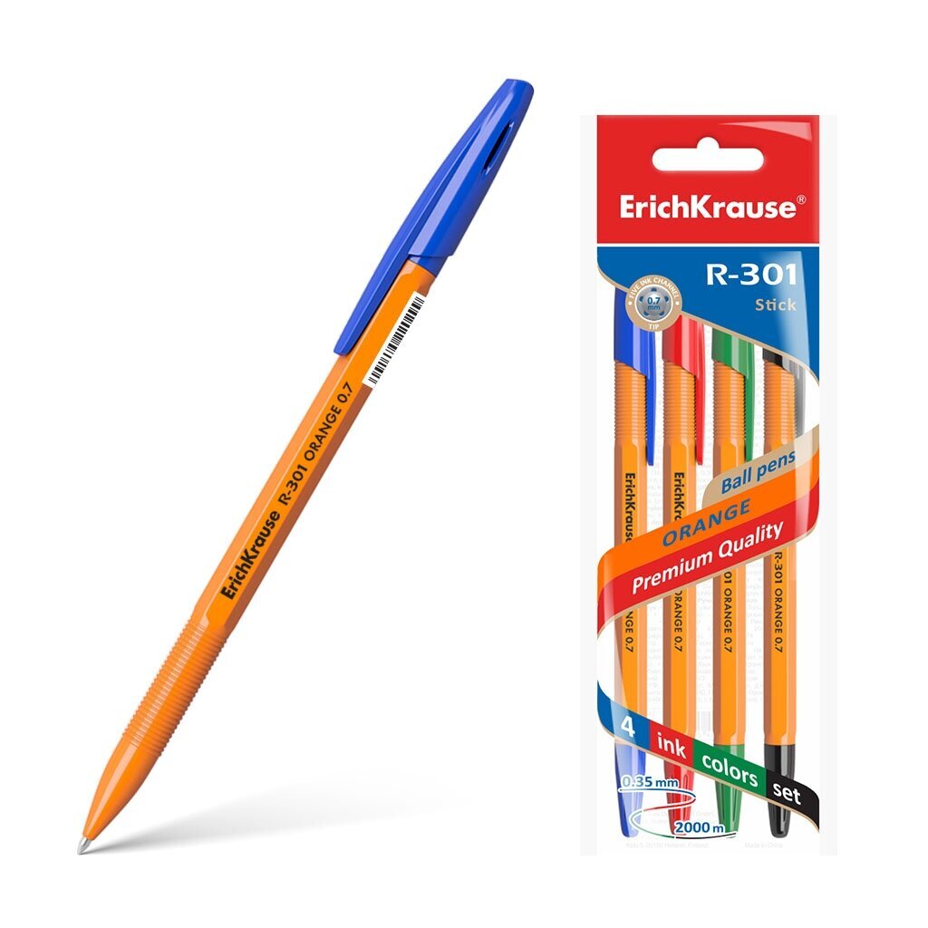 Tušinukas ErichKrause® R-301 Orange Stick 0.7, rašalo spalva - juoda, mėlyna, žalia, raudona (pakuotėje po 4 vnt.) цена и информация | Rašymo priemonės | pigu.lt