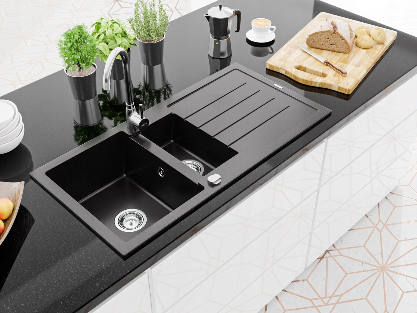 Granitinė virtuvinė plautuvė Mexen Andres su maišytuvu ir sifonu, Black+Chrome kaina ir informacija | Virtuvinės plautuvės | pigu.lt