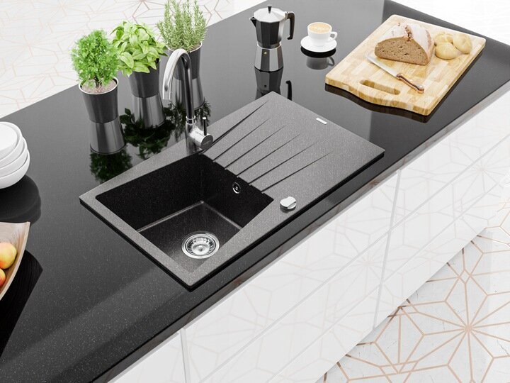 Granitinė virtuvinė plautuvė Mexen Cesar su maišytuvu ir sifonu, Black granite+Chrome kaina ir informacija | Virtuvinės plautuvės | pigu.lt