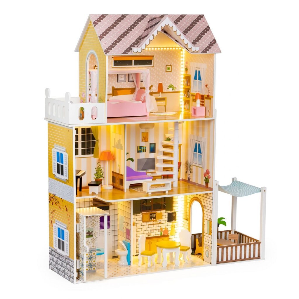 Medinis lėlių namelis su baldais ir LED švieselėmis Ecotoys, W06A412 kaina ir informacija | Žaislai mergaitėms | pigu.lt