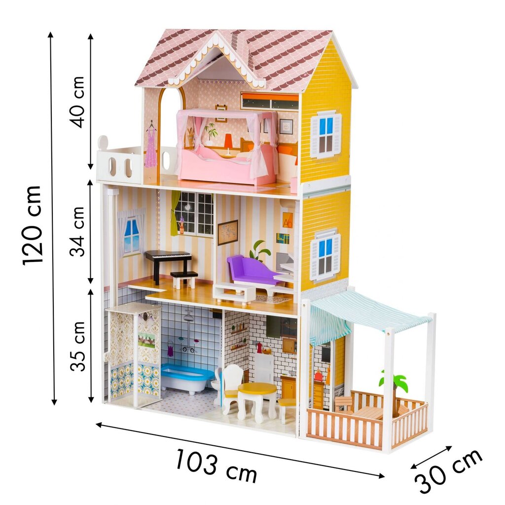 Medinis lėlių namelis su baldais ir LED švieselėmis Ecotoys, W06A412 kaina ir informacija | Žaislai mergaitėms | pigu.lt