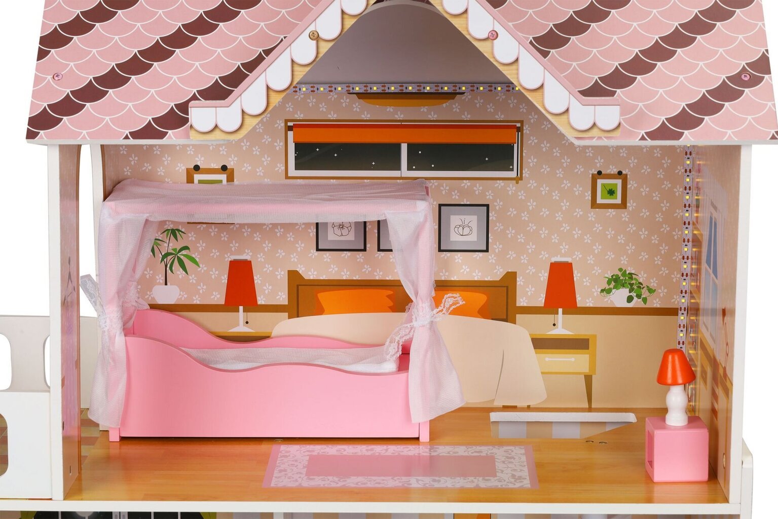 Medinis lėlių namelis su baldais ir LED švieselėmis Ecotoys, W06A412 kaina ir informacija | Žaislai mergaitėms | pigu.lt