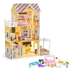 Деревянный кукольный домик с мебелью и светодиодной подсветкой Ecotoys, W06A412 цена и информация | Игрушки для девочек | pigu.lt