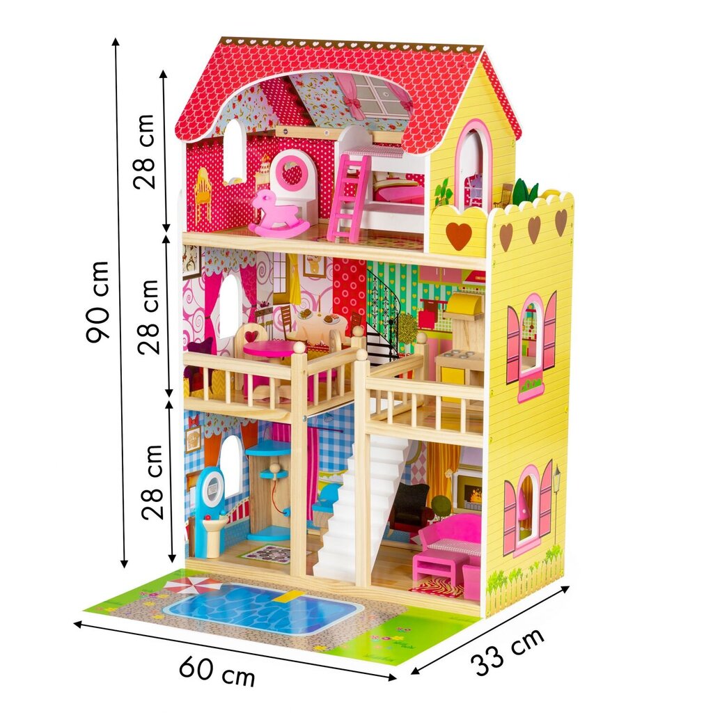 Деревянный кукольный домик Ecotoys с аксессуарами и подсветкой, W06A333E  цена | pigu.lt