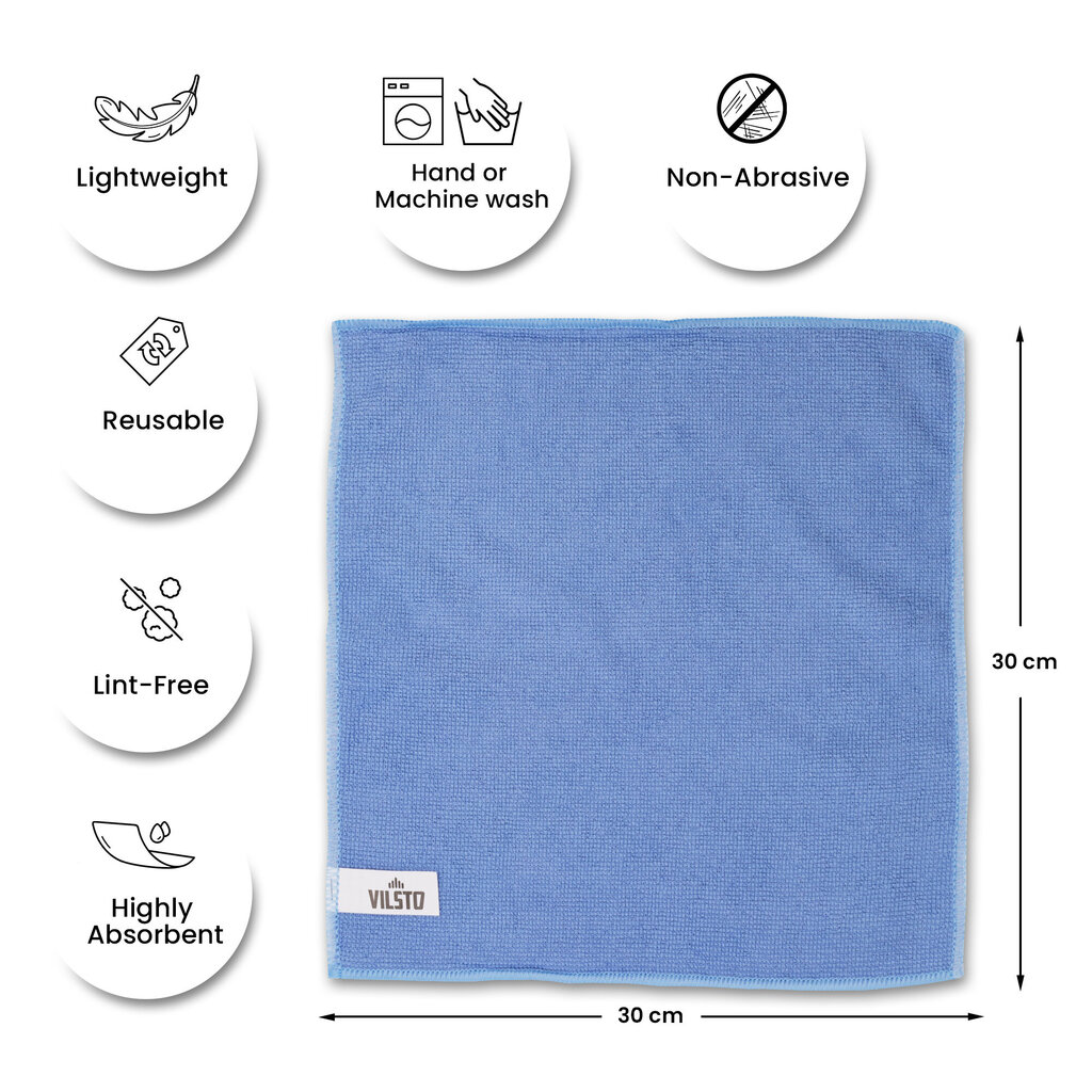 VILSTO mikropluošto šluostės, 10 vnt. pakuotėje, 30x30 cm, mėlynos kaina ir informacija | Valymo reikmenys ir priedai | pigu.lt