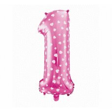 Folijinis balionas Nr. 1, rožinis su širdelėmis, 64 cm kaina ir informacija | Balionai | pigu.lt