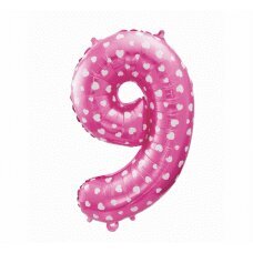 Folijinis balionas Nr. 9, rožinis su širdelėmis, 64 cm kaina ir informacija | Balionai | pigu.lt