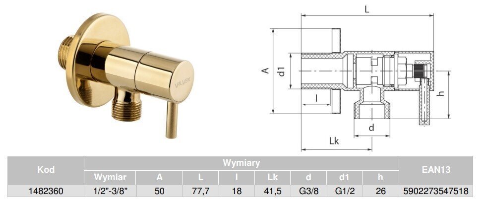 Kampinis maišytuvo vožtuvas / ventilis 1/2" - 3/8" su keramine galvute, auksinis kaina ir informacija | Santechnikos jungtys, ventiliai | pigu.lt