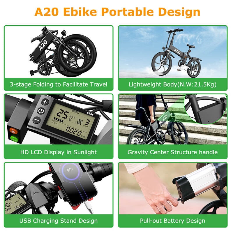 Elektrinis dviratis ADO A20 20", baltas kaina ir informacija | Elektriniai dviračiai | pigu.lt