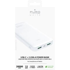 PURO White Fast Charger Power Bank - Maitinimo bankas išmaniesiems telefonams ir planšetiniams kompiuteriams 20000 mAh, 2xUSB-A + 1xUSB-C (baltas) цена и информация | Зарядные устройства Power bank | pigu.lt