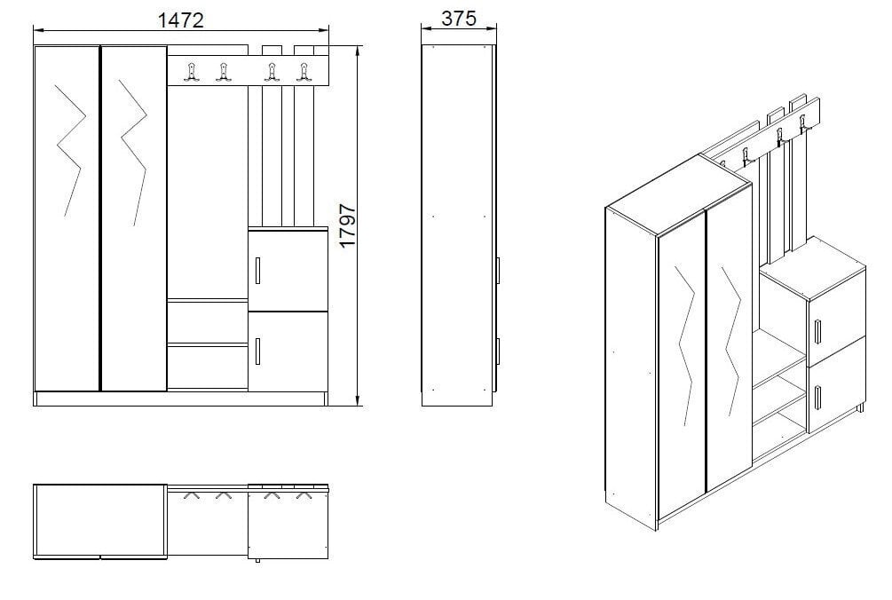 Prieškambario baldų komplektas Kalune Design DD8, rudas/pilkas kaina ir informacija | Prieškambario komplektai | pigu.lt