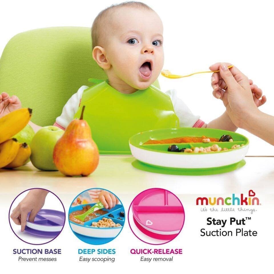 Lėkštė su siurbtuku Munchkin, rausva kaina ir informacija | Kūdikių indai, indeliai pienui ir įrankiai | pigu.lt