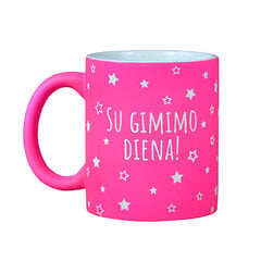 Graviruotas puodelis „Su Gimimo Diena“ neoninės rožinės spalvos kaina ir informacija | Originalūs puodeliai | pigu.lt