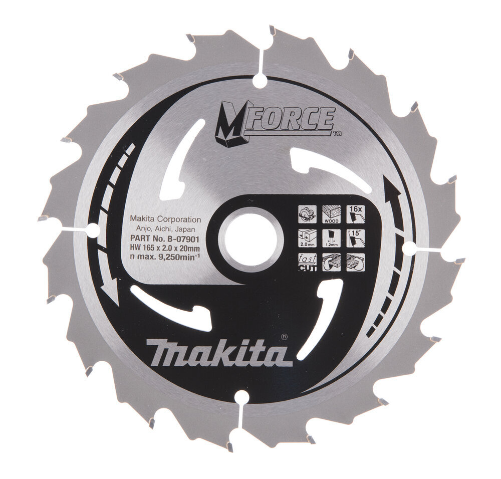 T.C.T. pjūklas M-Force 165X2X20mm 15° T16 B-07901 Makita kaina ir informacija | Mechaniniai įrankiai | pigu.lt