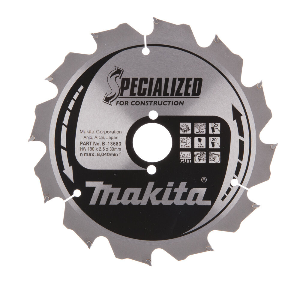 T.C.T. pjūklas Specialized 190X2.6X30mm 20° T12 B-13683 Makita kaina ir informacija | Mechaniniai įrankiai | pigu.lt