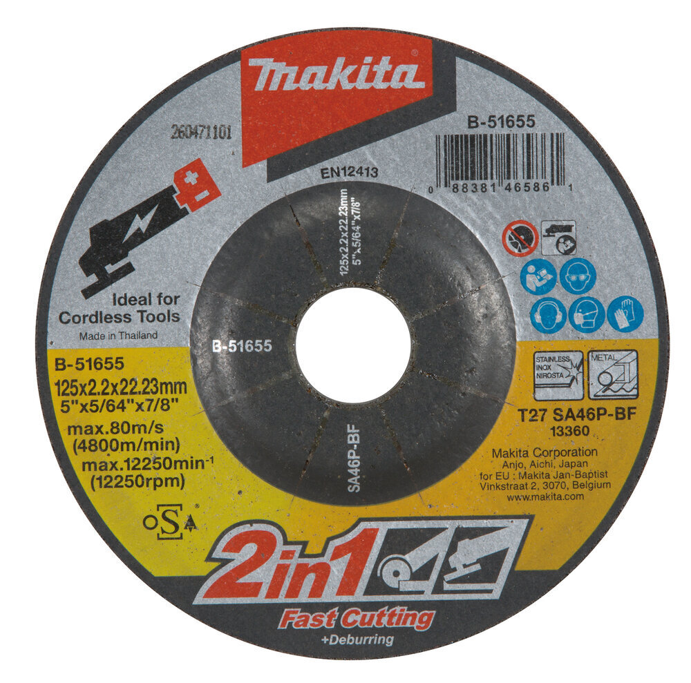 Abrazyvinis pjovimo diskas B-51655 2-IN-1 (125X2.0X22,23MM) SA46P Makita kaina ir informacija | Mechaniniai įrankiai | pigu.lt