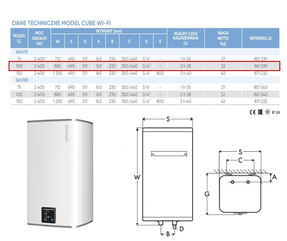 Elektrinis vandens šildytuvas Atlantic STEATITE CUBE-2 WIFI 100, vertikalus, 100 L kaina ir informacija | Vandens šildytuvai | pigu.lt