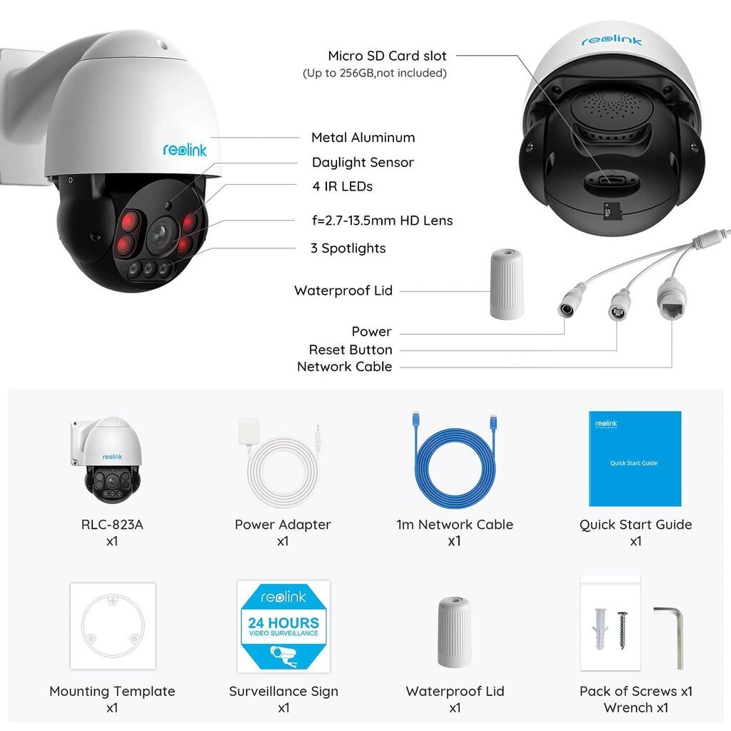 Apsaugos IP kamera su 5X optiniu priartinimu Reolink RLC-823A 8 MP 4K PoE PTZ kaina ir informacija | Stebėjimo kameros | pigu.lt