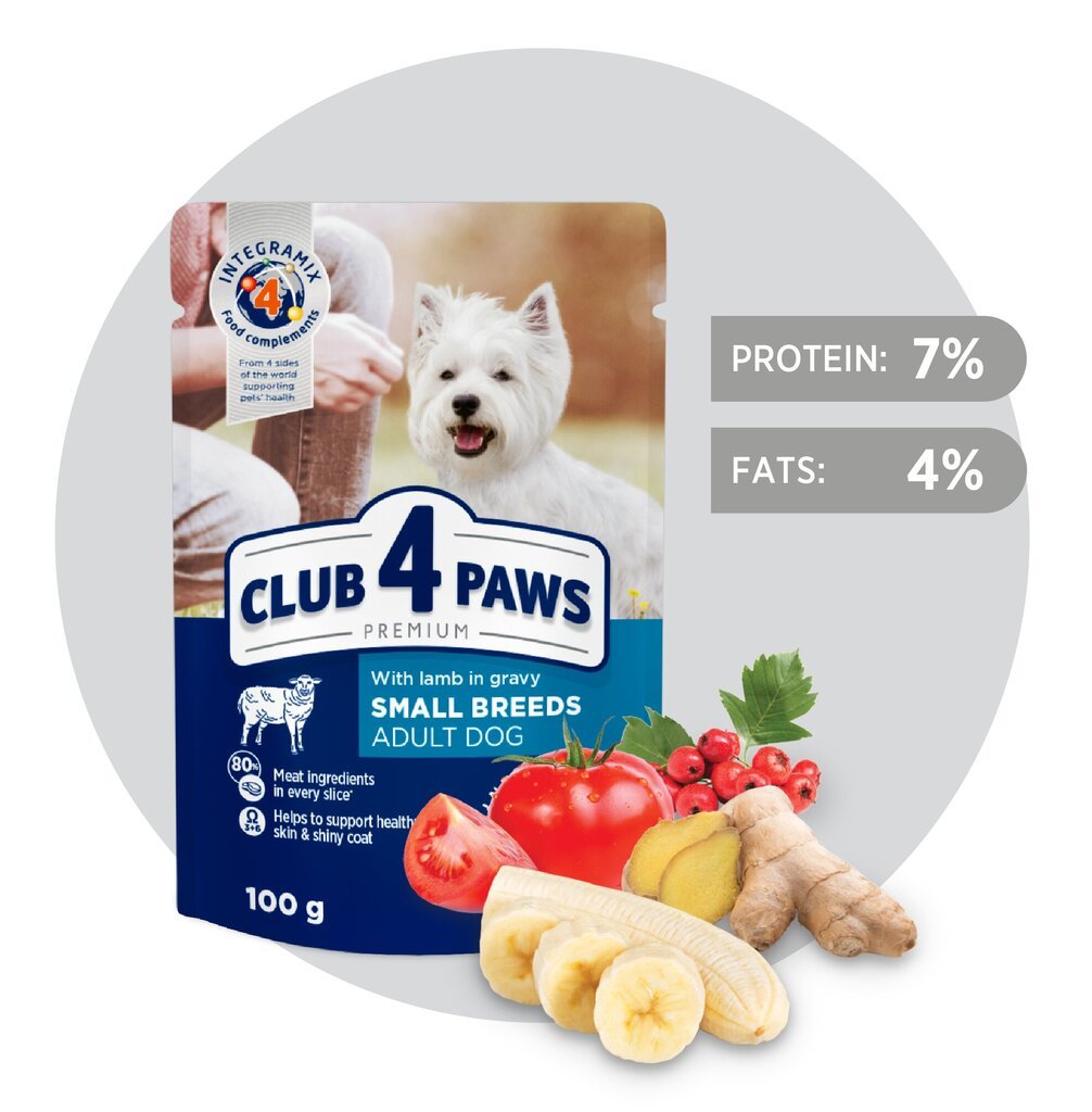 CLUB 4 PAWS Premium visavertis konservuotas ėdalas suaugusiems, mažos veislės šunims su ėriena padaže, 100 g x 24 vnt. kaina ir informacija | Konservai šunims | pigu.lt