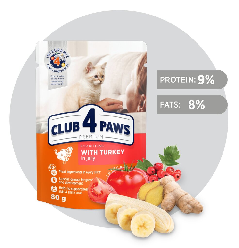 CLUB 4 PAWS Premium visavertis konservuotas ėdalas kačiukams su kalakutiena drebučiuose 80 g x 24 vnt. цена и информация | Konservai katėms | pigu.lt