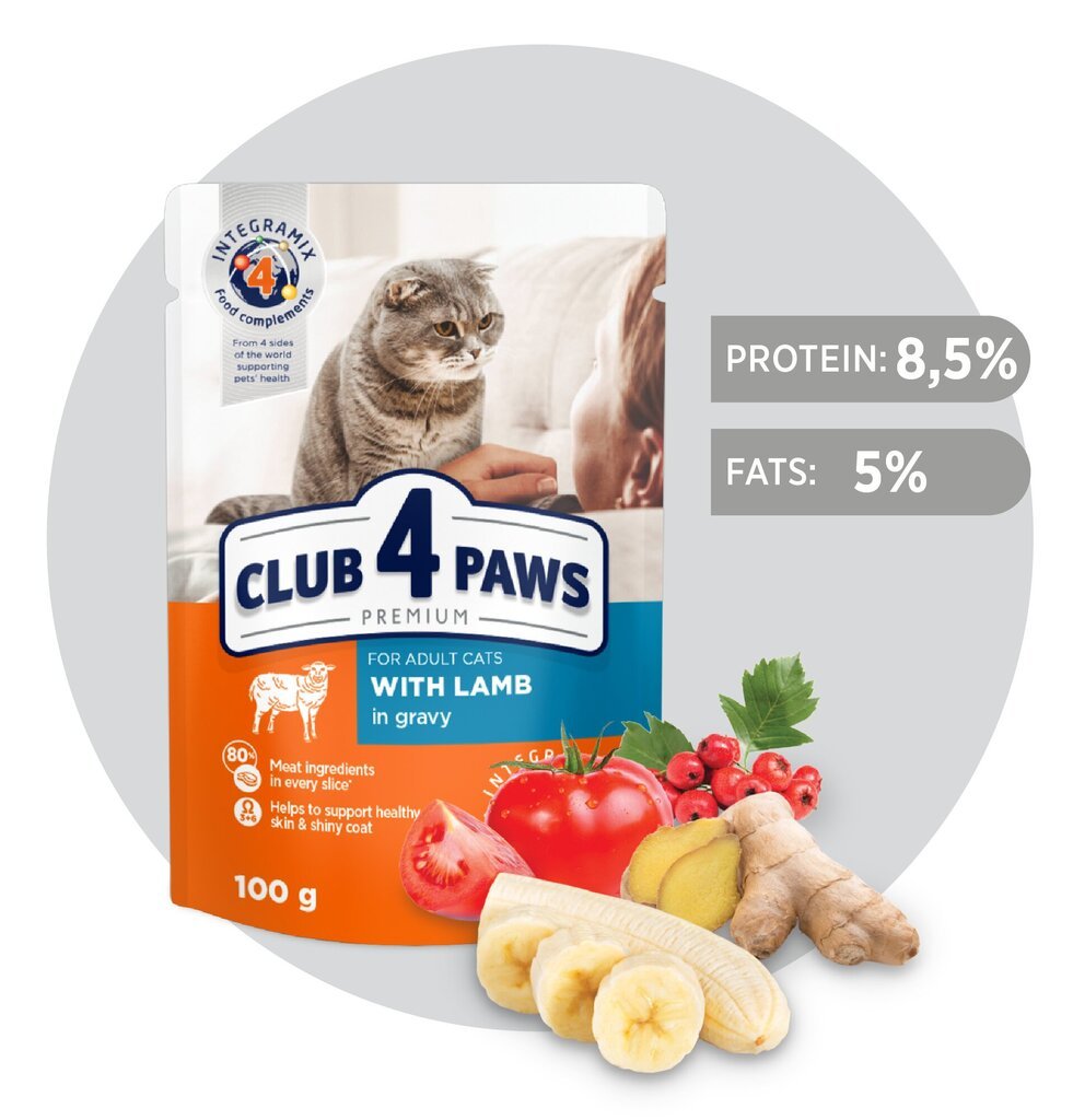 CLUB 4 PAWS Premium visavertis konservuotas ėdalas suaugusioms katėms su ėriena padaže, 100 g x 24 vnt. kaina ir informacija | Konservai katėms | pigu.lt