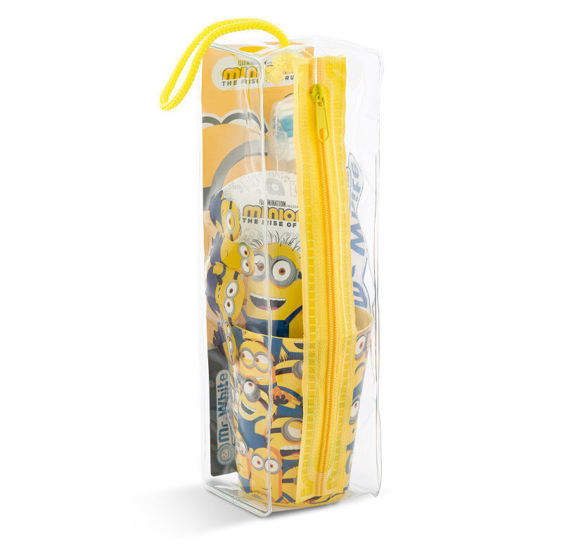 Kelioninis rinkinys vaikams Dr. White Minions: dantų pasta, 75 ml. + dantų šepetėlis, 1 vnt. + stiklinė, 1 vnt. + kosmetinė, 1 vnt. kaina ir informacija | Dantų šepetėliai, pastos | pigu.lt