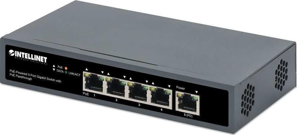 Jungiklis Intellinet Gigabit 5x PoE Passthrough, maitinamas PoE arba AC srovės, 95 W kaina ir informacija | Komutatoriai (Switch) | pigu.lt