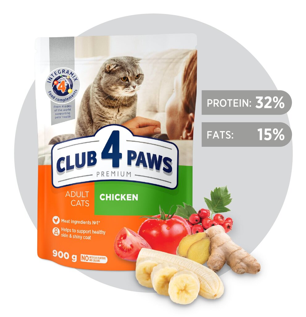 CLUB 4 PAWS Premium pilnavertis sausas maistas suaugusioms katėms su vištiena, 900 g цена и информация | Sausas maistas katėms | pigu.lt